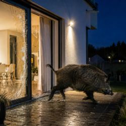 Divočák prorazil skleněné dveře domu v Plzni - Lhotě. Střepy zranily mladého muže